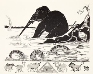 Elefantbarnet som får sin näsa dragen av krokodilen, illustration från "Just So Stories for Little Children" av Rudyard Kipling, pub. London, 1951.